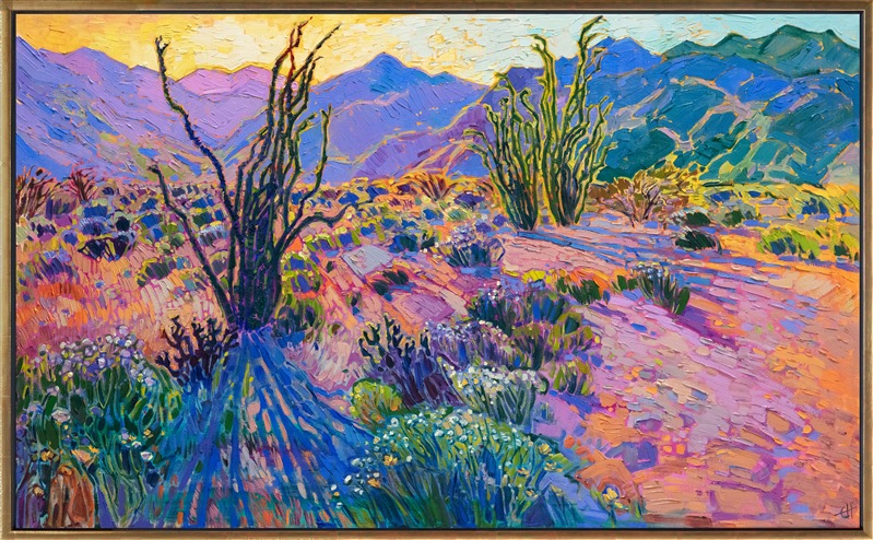 A California desert super bloom is captured in brilliant color in this contemporary impressionist painting. This piece was inspired by Borrego Springs, near Palm Springs. Thick brush strokes convey a sense of movement and life throughout the painting.