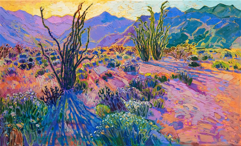 A California desert super bloom is captured in brilliant color in this contemporary impressionist painting. This piece was inspired by Borrego Springs, near Palm Springs. Thick brush strokes convey a sense of movement and life throughout the painting.
