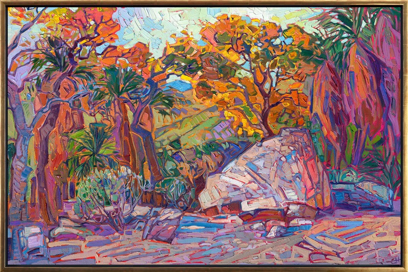 Autumn hues form a tapestry of color and texture in this painting of Indian Canyon Palm Oasis, in the California desert. The brush strokes are thick and expressive, creating a sense of motion within the painting. The impasto paint strokes add a sense of dimension to the scene.</p><p>"Desert Boulder" is an original oil painting created on gallery-depth stretched canvas. The piece arrives framed in a contemporary gold floater frame, ready to hang.