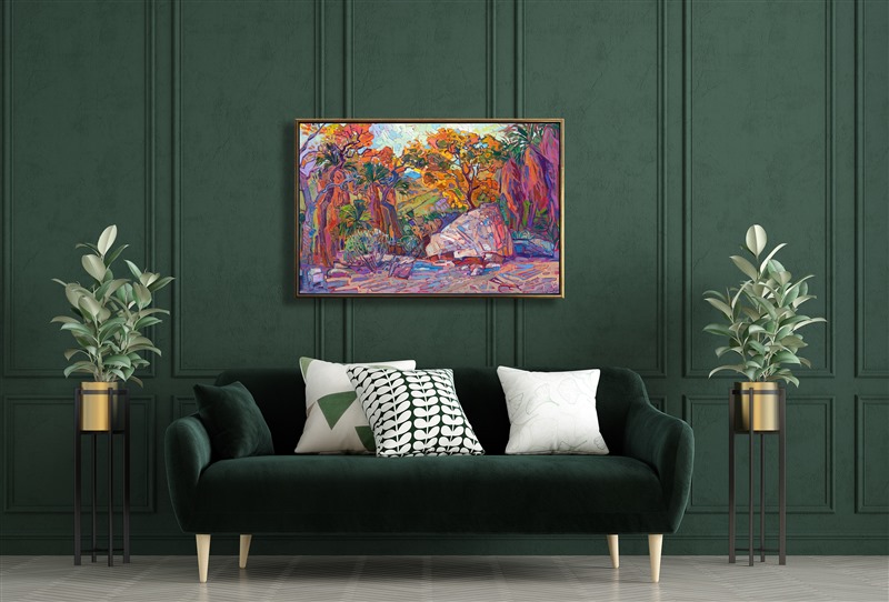 Autumn hues form a tapestry of color and texture in this painting of Indian Canyon Palm Oasis, in the California desert. The brush strokes are thick and expressive, creating a sense of motion within the painting. The impasto paint strokes add a sense of dimension to the scene.</p><p>"Desert Boulder" is an original oil painting created on gallery-depth stretched canvas. The piece arrives framed in a contemporary gold floater frame, ready to hang.