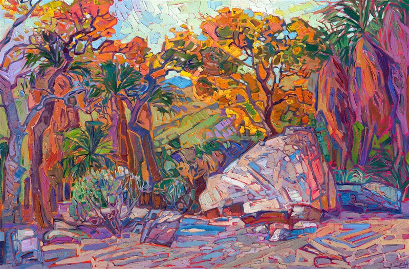 Autumn hues form a tapestry of color and texture in this painting of Indian Canyon Palm Oasis, in the California desert. The brush strokes are thick and expressive, creating a sense of motion within the painting. The impasto paint strokes add a sense of dimension to the scene.</p><p>"Desert Boulder" is an original oil painting created on gallery-depth stretched canvas. The piece arrives framed in a contemporary gold floater frame, ready to hang.