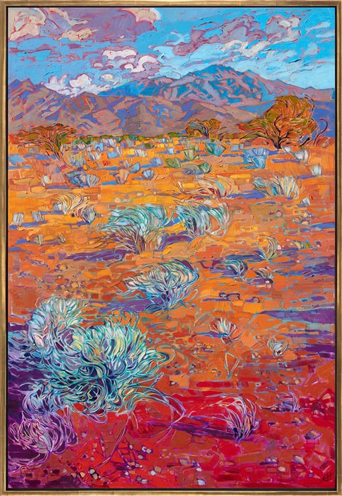 The Mojave Desert has beautiful color year-round. I love painting the desert in the summer when the sagebrush are dry and white, a beautiful contrast to the reddish sand of the desert floor. The thick brush strokes of oil paint add an intriguing texture to the painting.</p><p>"Desert Brush" was created on 1-1/2" canvas, with the painting continued around the edges. The painting arrives framed in a contemporary gold floater frame, ready to hang.