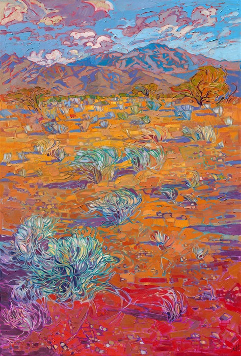 The Mojave Desert has beautiful color year-round. I love painting the desert in the summer when the sagebrush are dry and white, a beautiful contrast to the reddish sand of the desert floor. The thick brush strokes of oil paint add an intriguing texture to the painting.</p><p>"Desert Brush" was created on 1-1/2" canvas, with the painting continued around the edges. The painting arrives framed in a contemporary gold floater frame, ready to hang.