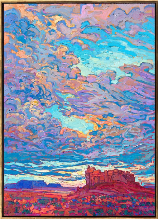 A summer sky bursts with color over the Four Corners region near Monument Valley. The impasto brush strokes capture the movement and joy of this colorful landscape. </p><p>"Desert Clouds" was created on gallery-depth canvas, and the painting arrives framed in a contemporary gold floater frame, ready to hang.