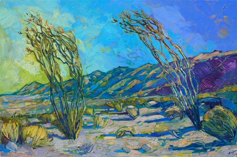 This painting exhibited at the Cowgirl Up! Desert Caballeros Western Museum, in the spring of 2017.</p><p>This painting captures everything I love about the desert: unexpected color, swiftly changing light, and rainbow-hued mountains.  When I love a landscape I am painting, the brush strokes come fast and sure, capturing the vibrancy and motion that I feel when I am out-of-doors.  </p><p>This painting was done on 1-1/2" deep canvas, with the painting continued around the sides for a finished look.  It can be hung un-framed or in a floater frame.