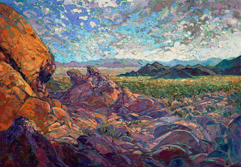 Joshua Tree National Park spreads out into the far distance in this camping-inspired landscape painting.  The brush strokes are thickly applied, alive with texture and energy, bringing to life the desert colors that appear at dawn's first light.

This painting was created on a gallery-depth canvas with the painting continued around the edges. The painting will arrive in a beautiful hardwood floater frame, ready to hang.

Exhibited: St George Art Museum, Utah, in a solo exhibition celebrating the National Park's centennial: <i><a href="https://www.erinhanson.com/Event/ErinHansonMuseumShow2016" target="_blank">Erin Hanson's Painted Parks</a></i>, 2016.