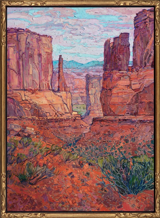 This painting captures the dramatic vista seen when you first enter Arches National Park.  Hiking down into the canyon between the red rock fins towering above on either side is a surreal experience.  The landscape is drenched in color, the red sandstone appearing in a multitude of colors ranging from soft buttercream to sherbet orange to pale lavender.</p><p>This painting was created on 1-1/2" canvas, with the painting continued around the edges.  The piece has been framed in a carved gold open impressionist frame.</p><p>This painting will be shown in the <a href="https://www.erinhanson.com/Event/redrock2018" target=_blank"><i>The Red Rock Show</i></a> at The Erin Hanson Gallery, June 16th, 2018.  <a href="https://www.erinhanson.com/Portfolio?col=The_Red_Rock_Show_2018" target="_blank"><u>Click here</u></a> to view the other Red Rock paintings.
