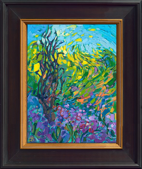 A California ocotillo plant stands against a backdrop of vivid desert flowers, ranging in hue from lavender to bright yellow. The impressionistic brush strokes are thick and expressive, conveying a sense of movement within the piece.</p><p>"Desert Flora" is a petite oil painting, created on linen board. The painting arrives in a plein air frame, ready to hang.