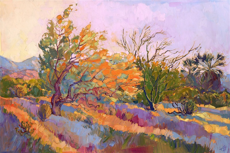 The smoke tree is one of the California desert's most beautiful plants. The pale, frothy fronds turn color like fire to smoke at the right time of year. The brush strokes in this painting are loose and impressionistic, creating a painting full of texture and color.