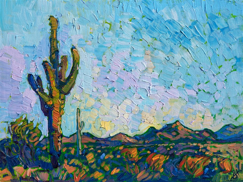 The saguaro cactus is a stately representation of the southwest.  This painting captures the feeling of wide open space you experience in the desert.  The distant desert buttes catch the warm light of the setting sun.</p><p>This painting was done on 1/8" canvas board and arrives framed and ready to hang.