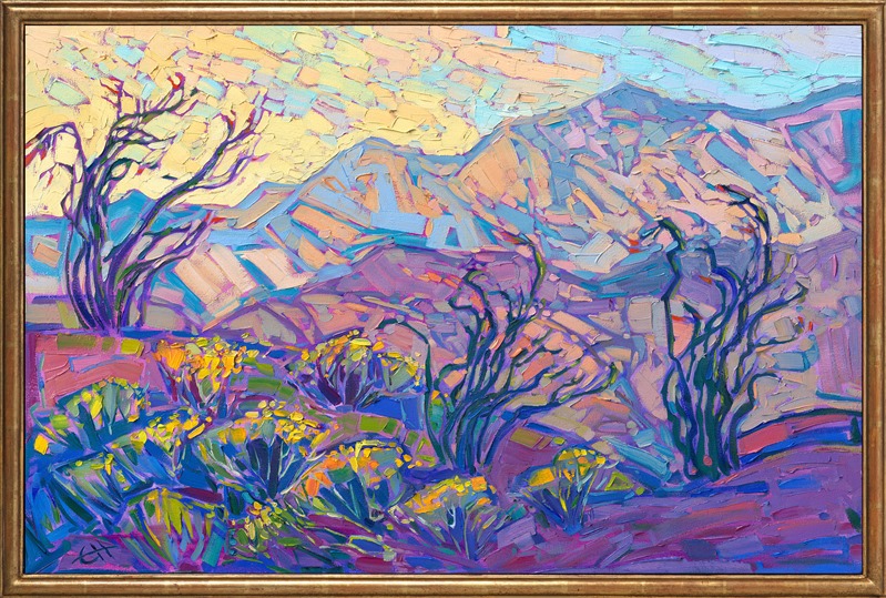 A high mountain ridge spotted with ocotillo plants overlooks the distant, immense mountains of the San Jacinto range. The desert colors of taupe and gold merge with shadows of lavender and blue. Each brush stroke is thick and impressionistic, alive with color and motion.</p><p>"Desert Hues" is an original oil painting on stretched canvas. The piece arrives framed in a closed corner, gold floater frame.