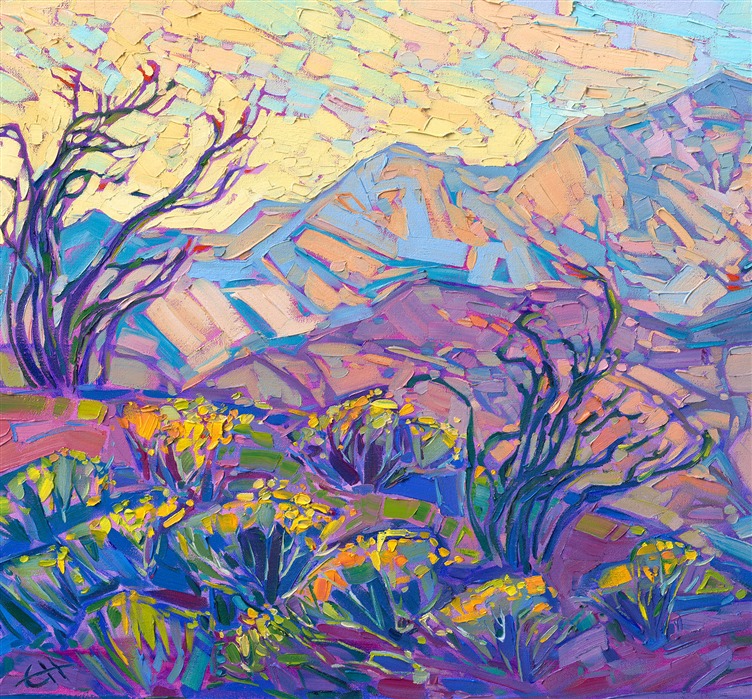 A high mountain ridge spotted with ocotillo plants overlooks the distant, immense mountains of the San Jacinto range. The desert colors of taupe and gold merge with shadows of lavender and blue. Each brush stroke is thick and impressionistic, alive with color and motion.</p><p>"Desert Hues" is an original oil painting on stretched canvas. The piece arrives framed in a closed corner, gold floater frame.