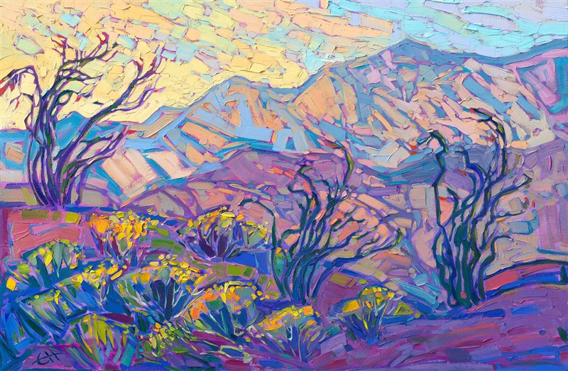 A high mountain ridge spotted with ocotillo plants overlooks the distant, immense mountains of the San Jacinto range. The desert colors of taupe and gold merge with shadows of lavender and blue. Each brush stroke is thick and impressionistic, alive with color and motion.</p><p>"Desert Hues" is an original oil painting on stretched canvas. The piece arrives framed in a closed corner, gold floater frame.