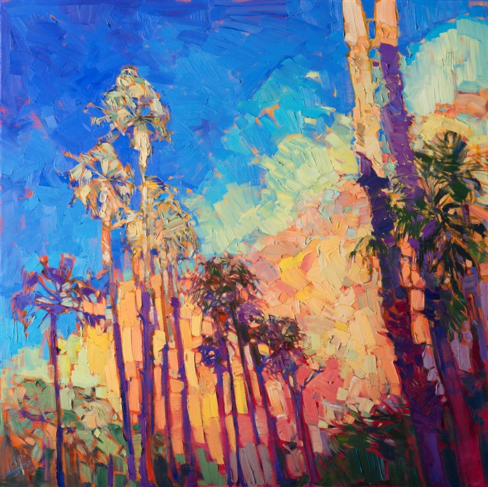 Desert dawn light strikes these palms with a vibrancy that seems to move on the canvas.  The colors in the sky are as saturated as real life, while the abstracted nature of the painting draws one into the realm of imagination.  The brush strokes are loose and impressionistic.</p><p>This painting was created on 1-1/2" canvas, with the painting continued around the edges of the gallery-wrap canvas.  This artwork has been framed in a beautiful hardwood floater frame, and it arrives wired and ready to hang.<br/>