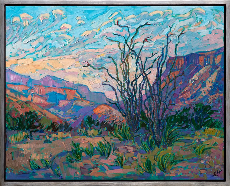 A peaceful dawn breaks quietly over the desert landscape of Big Bend National Park. The ocotillo stand gracefully in the foreground, their stalks green after the springtime rains, showing their red, bird-like flowers. The brush strokes are loose and impressionistic, creating a mosaic of color and texture across the canvas.</p><p>"Desert Ocotillo" was created on 1-1/2" canvas, with the painting continued around the edges. The piece has been framed in a custom-made, gold floater frame.</p><p>This painting was exhibited in <i><a href="https://www.erinhanson.com/Event/ErinHansonAmericanVistas/" target="_blank">Erin Hanson: American Vistas</i></a> at the Nancy Cawdrey Studios and Gallery in Whitefish, Montana, 2019.