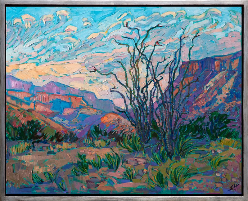 A peaceful dawn breaks quietly over the desert landscape of Big Bend National Park. The ocotillo stand gracefully in the foreground, their stalks green after the springtime rains, showing their red, bird-like flowers. The brush strokes are loose and impressionistic, creating a mosaic of color and texture across the canvas.</p><p>"Desert Ocotillo" was created on 1-1/2" canvas, with the painting continued around the edges. The piece has been framed in a custom-made, gold floater frame.</p><p>This painting was exhibited in <i><a href="https://www.erinhanson.com/event/ErinHansonAmericanVistas" target="_blank">Erin Hanson: American Vistas</i></a> at the Nancy Cawdrey Studios and Gallery in Whitefish, Montana, 2019.