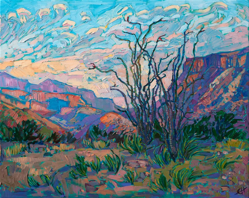 A peaceful dawn breaks quietly over the desert landscape of Big Bend National Park. The ocotillo stand gracefully in the foreground, their stalks green after the springtime rains, showing their red, bird-like flowers. The brush strokes are loose and impressionistic, creating a mosaic of color and texture across the canvas.</p><p>"Desert Ocotillo" was created on 1-1/2" canvas, with the painting continued around the edges. The piece has been framed in a custom-made, gold floater frame.</p><p>This painting was exhibited in <i><a href="https://www.erinhanson.com/Event/ErinHansonAmericanVistas/" target="_blank">Erin Hanson: American Vistas</i></a> at the Nancy Cawdrey Studios and Gallery in Whitefish, Montana, 2019.