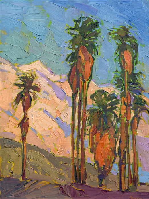 Palm Springs at sunset creates very dramatic scenery.  I love when the mountains are lit by the setting sun, and the sky itself is darker than the mountains.  I wanted to capture this striking lighting in this abstracted painting.</p><p>This painting was done on fine canvas board, and it arrives framed and ready to hang.