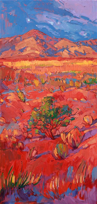 Three expansive panels capture the grandeur and color of the southwest desert. Thickly textured brush strokes move through the painting, bringing the broad outdoors to life on canvas.</p><p>This painting was created on three museum-depth canvases, with the painting continued around the edges of each stretched canvas. This painting was designed to hang without a frame, with the canvases spaced 2-4 inches apart on the wall.