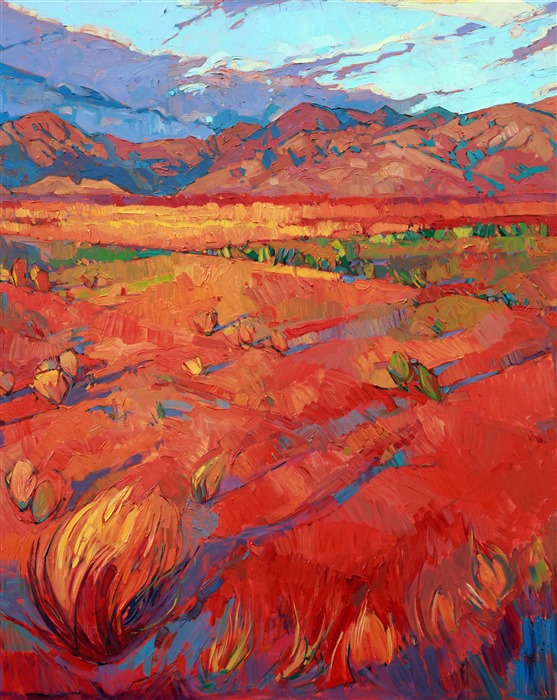 Three expansive panels capture the grandeur and color of the southwest desert. Thickly textured brush strokes move through the painting, bringing the broad outdoors to life on canvas.</p><p>This painting was created on three museum-depth canvases, with the painting continued around the edges of each stretched canvas. This painting was designed to hang without a frame, with the canvases spaced 2-4 inches apart on the wall.