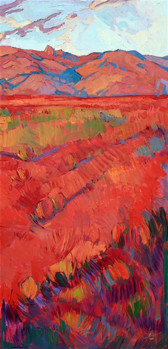 Three expansive panels capture the grandeur and color of the southwest desert. Thickly textured brush strokes move through the painting, bringing the broad outdoors to life on canvas.</p><p>This painting was created on three museum-depth canvases, with the painting continued around the edges of each stretched canvas. This painting was designed to hang without a frame, with the canvases spaced 2-4 inches apart on the wall.