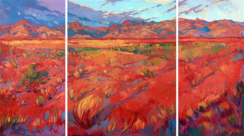 Three expansive panels capture the grandeur and color of the southwest desert. Thickly textured brush strokes move through the painting, bringing the broad outdoors to life on canvas.</p><p>This painting was created on three museum-depth canvases, with the painting continued around the edges of each stretched canvas. This painting was designed to hang without a frame, with the canvases spaced 2-4 inches apart on the wall.