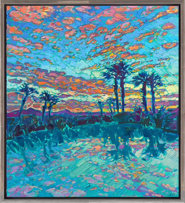 A brilliant desert sunset is reflected in the still waters of a lake near La Quinta, California. The artist captures the vibrant beauty of the high desert with thick, expressive brush strokes in her iconic <a href ="https://www.erinhanson.com/open-impressionism" target="_blank">Open Impressionism</a> style.</p><p>"Desert Reflections" is an original oil painting done on stretched canvas. The painting arrives framed in a burnished silver floater frame, ready to hang.