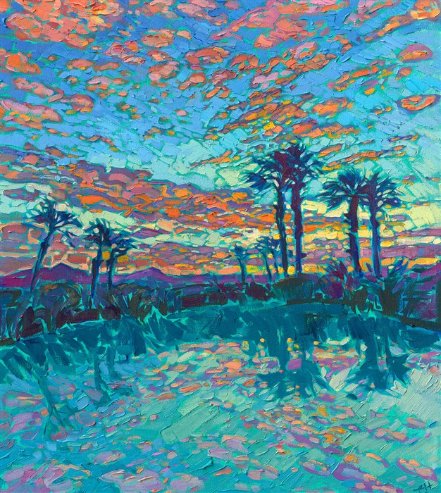 A brilliant desert sunset is reflected in the still waters of a lake near La Quinta, California. The artist captures the vibrant beauty of the high desert with thick, expressive brush strokes in her iconic <a href ="https://www.erinhanson.com/open-impressionism" target="_blank">Open Impressionism</a> style.</p><p>"Desert Reflections" is an original oil painting done on stretched canvas. The painting arrives framed in a burnished silver floater frame, ready to hang.