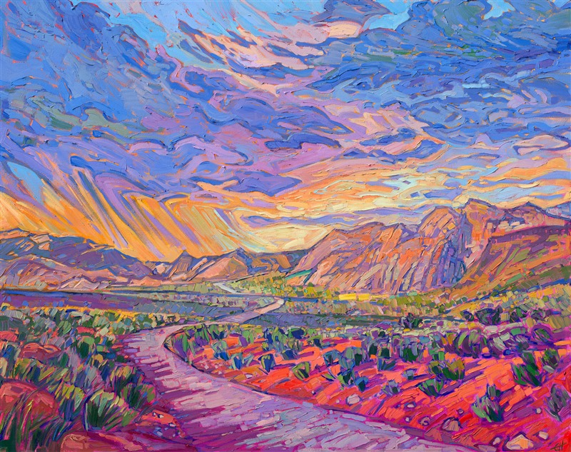 Dramatic monsoon clouds sweep over the desert mountains of northwestern Arizona. The highway winds between the dramatic shadows cast by the ever-moving clouds, disappearing into the distant mountain range. The brush strokes in this oil painting are thick and expressive, alive with color and energy.</p><p>"Desert Road" is an original oil painting on stretched canvas. The piece arrived framed in a gold floater frame finished in burnished, 23kt gold leaf.