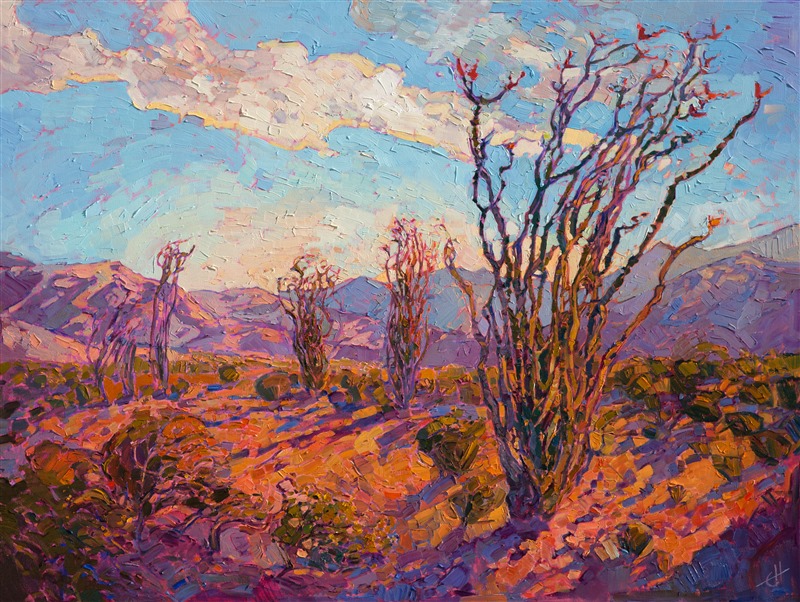 The California desert turns into a rainbow of color during the late afternoon, the low rays of the sun filtering through the desert air and casting long purple shadows across the landscape. This painting of Borrego Springs in bloom brings to life this magical and fleeting time of day.</p><p>This oil painting was created on 1-1/2" deep canvas, with the painting continued around the edges for a finished look.  