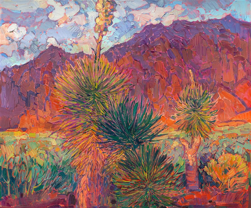 Kayenta, near St. George, Utah, is a stunning paradise of rich color and desert plant life that comes alive in the sunset light. These flowering yucca seem to be dancing in the warm desert air, reaching their spines towards the sky. The brush strokes in this painting are loose and impressionistic, capturing the feeling of being outdoors.</p><p>"Desert Yucca" will be included in the <a href="https://www.searsart.com/invitational" target="_blank">37th Annual Sears Invitational Art Show and Sale</a> Feb 17th - Mar 31st, 2024, at the Sears Art Museum in St. George, Utah.</p><p>You may purchase this painting online, but the artwork will not ship until the exhibition closes on March 31st, 2024.<br/>