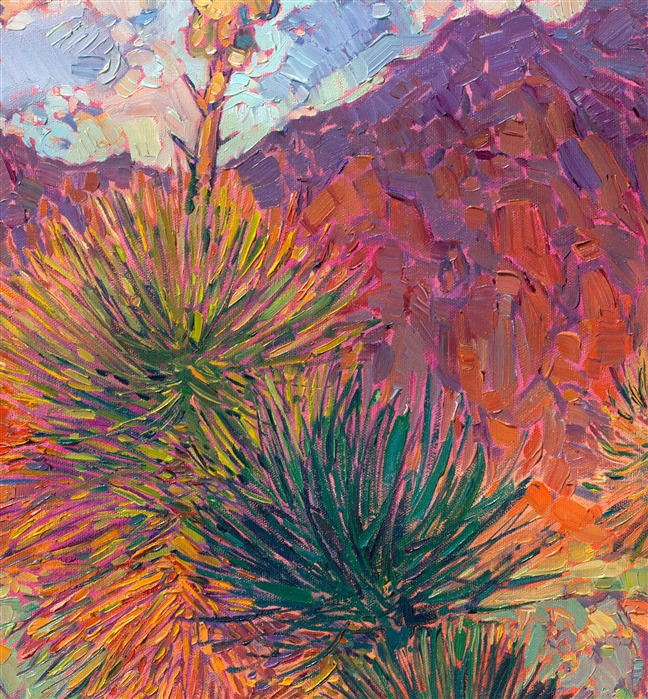 Kayenta, near St. George, Utah, is a stunning paradise of rich color and desert plant life that comes alive in the sunset light. These flowering yucca seem to be dancing in the warm desert air, reaching their spines towards the sky. The brush strokes in this painting are loose and impressionistic, capturing the feeling of being outdoors.</p><p>"Desert Yucca" will be included in the <a href="https://www.searsart.com/invitational" target="_blank">37th Annual Sears Invitational Art Show and Sale</a> Feb 17th - Mar 31st, 2024, at the Sears Art Museum in St. George, Utah.</p><p>You may purchase this painting online, but the artwork will not ship until the exhibition closes on March 31st, 2024.<br/>