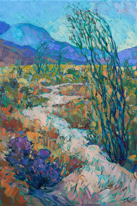 Colorful wildflowers bloom in the high desert of California. This original oil painting is alive with startling color and thickly applied brush strokes.</p><p>This painting was created on 3/4" canvas and arrives framed in a classic gold frame, ready to hang.  The second photograph above shows the painting under gallery lighting in the frame that is included with this piece.</p><p>
