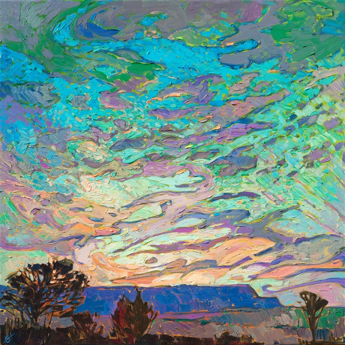 The desert buttes of Arizona are captured here in the vivid colors of the sunset. The brushstrokes are thick and impressionistic, creating a three-dimensional sense of space and movement within the painting.</p><p>This painting won "Best in Show" at the Desert Caballeros Western Museum "Cowgirl Up!" exhibition in 2019. </p><p>This piece was done on 1-1/2" canvas, with the painting continued around the edges. The painting has been framed in a simple gold floater frame, and it arrives ready to hang.