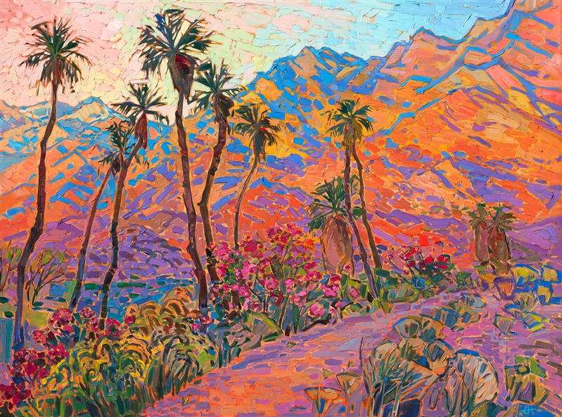 This painting captures the beauty of sunrise dawning over the immensely high mountains behind Palm Springs, California. The brush strokes are loose and impressionistic, conveying the sense of movement and the feeling of standing outside in the crisp desert air, watching the sunrise.</p><p>"Desertscape" is an original oil painting on stretched linen. The piece arrives framed in a contemporary gold floater frame, ready to hang.