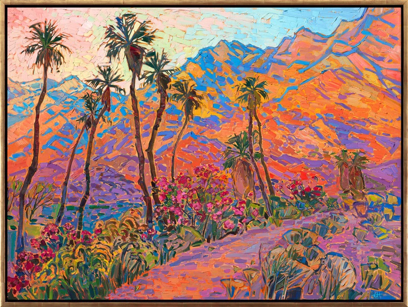 This painting captures the beauty of sunrise dawning over the immensely high mountains behind Palm Springs, California. The brush strokes are loose and impressionistic, conveying the sense of movement and the feeling of standing outside in the crisp desert air, watching the sunrise.</p><p>"Desertscape" is an original oil painting on stretched linen. The piece arrives framed in a contemporary gold floater frame, ready to hang.