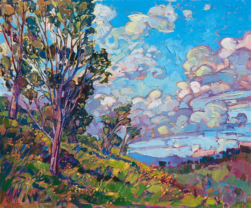 This year San Diego had another glorious wildflower bloom, after a very wet winter. This painting captures some of the yellow wildflowers that were ubiquitous along the grassy hillsides. The brushstrokes are loose and expressive, alive with color and motion.</p><p>This painting is a part of Erin Hanson's <i>The Floral Show</i> 2019.</p><p>This painting was created on 1/8" linen board, and it arrives framed in a custom-made gold plein air frame.