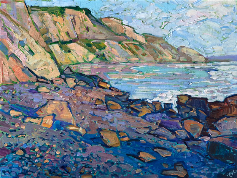 The colorful rocks of Torrey Pines beach catch the late afternoon light, the distant sandstone cliffs basking in the warm light. The brush strokes are loose and impressionistic, capturing the beauty and motion of the outdoors.</p><p>This painting was created on linen board, and it arrives ready to hang in a custom-made frame.