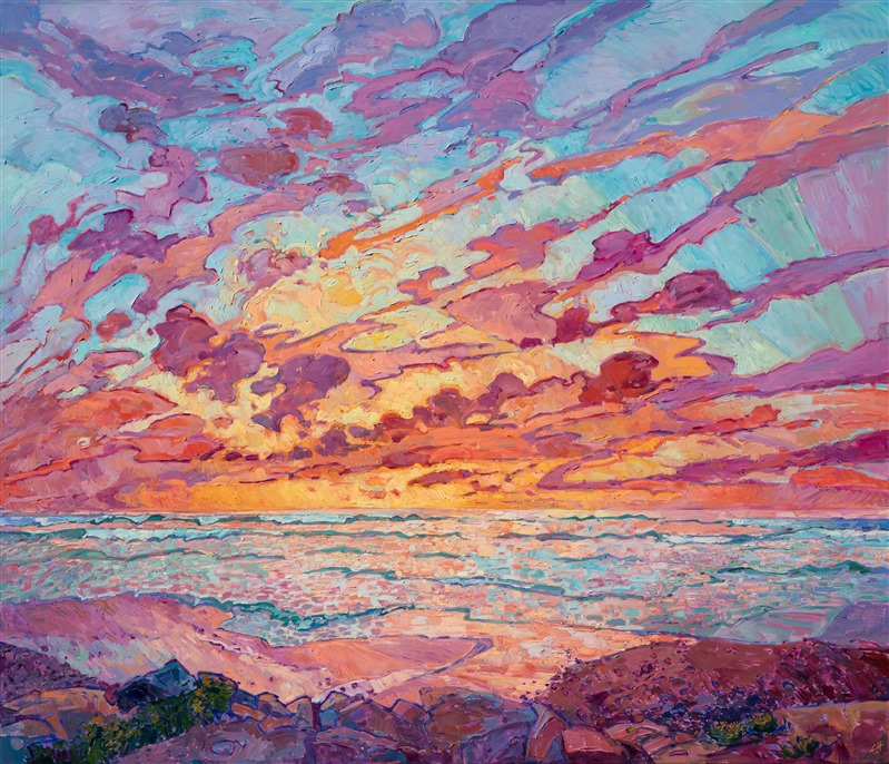 Dramatic hues of sapphire and lilac dance across the sky in this wall-sized painting of Torrey Pines, in San Diego.  Scintillating light vibrates on the surface of the ocean, pulling you in towards the horizon.  Each brush stroke is alive with motion and texture, coming together to form an impressionistic vision of a coastal sunset. </p><p>This painting has been framed in a hand-gilded floater frame that was designed to complement the colors in this painting.  It will arrived wired and ready to hang.<br/>