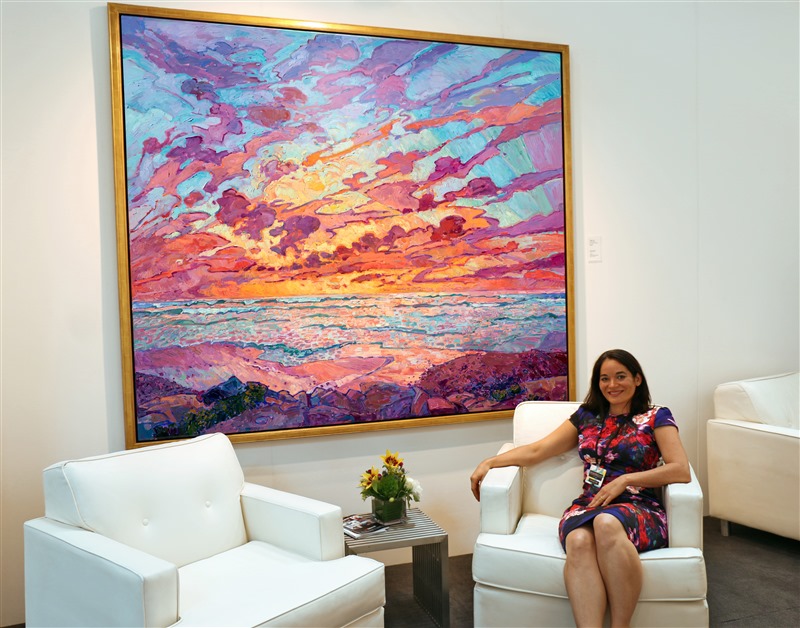 Dramatic hues of sapphire and lilac dance across the sky in this wall-sized painting of Torrey Pines, in San Diego.  Scintillating light vibrates on the surface of the ocean, pulling you in towards the horizon.  Each brush stroke is alive with motion and texture, coming together to form an impressionistic vision of a coastal sunset. </p><p>This painting has been framed in a hand-gilded floater frame that was designed to complement the colors in this painting.  It will arrived wired and ready to hang.<br/>