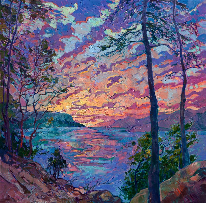 Hiking early in the morning led to the discovery of a peaceful vista across still waters. This painting captures the solitude and emotion of the moment.  </p><p>The brush strokes in this Open Impressionist painting are lively and thickly applied, full of vibrant color and texture.  The painting was created on gallery-depth canvas, with the painting wrapped around the sides.
