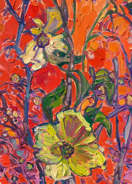 A vase of dogwood blooms caught my attention earlier this spring. I tried different-colored cloth backdrops, and the red velvet made the flowers come alive. Thick brush strokes of oil paint give the painting a sculptural look, trapping the three-dimensional beauty of spring forever on canvas.