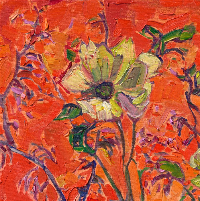 A vase of dogwood blooms caught my attention earlier this spring. I tried different-colored cloth backdrops, and the red velvet made the flowers come alive. Thick brush strokes of oil paint give the painting a sculptural look, trapping the three-dimensional beauty of spring forever on canvas.