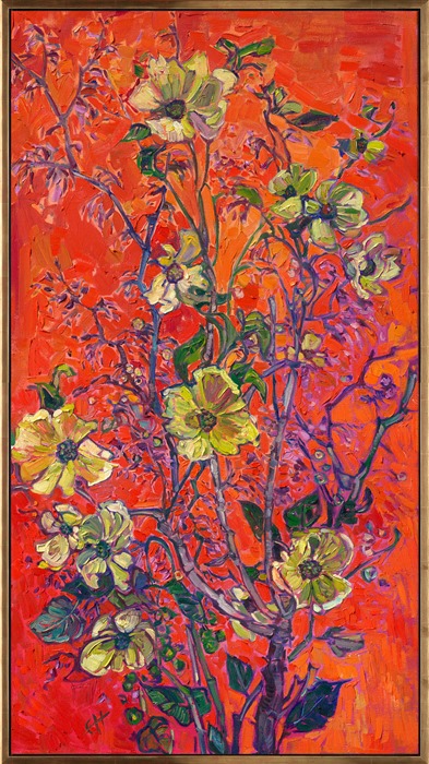 A vase of dogwood blooms caught my attention earlier this spring. I tried different-colored cloth backdrops, and the red velvet made the flowers come alive. Thick brush strokes of oil paint give the painting a sculptural look, trapping the three-dimensional beauty of spring forever on canvas.