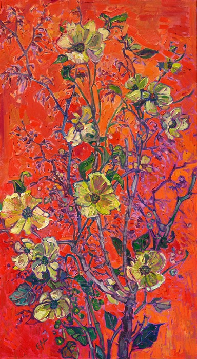 A vase of dogwood blooms caught my attention earlier this spring. I tried different-colored cloth backdrops, and the red velvet made the flowers come alive. Thick brush strokes of oil paint give the painting a sculptural look, trapping the three-dimensional beauty of spring forever on canvas.