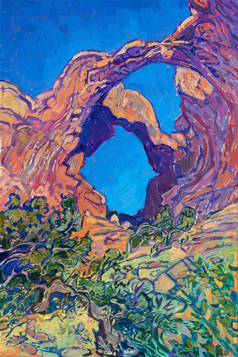 Arches National Park is one of my favorite national parks to paint. The clean, abstract rock formations make great painting compositions, and the buttery colors of sandstone rock allow me to use the full range of my palette from creamy yellow to butternut orange to vivid purple. This painting captures the famous double arches at Arches National Park.

<b>This painting is in the Sears Museum's permanent collection in St. George, Utah. </b>

This painting was exhibited at <i>Erin Hanson: Landscapes of the West </i> solo museum exhibition at the Sears Art Museum in St. George, Utah.