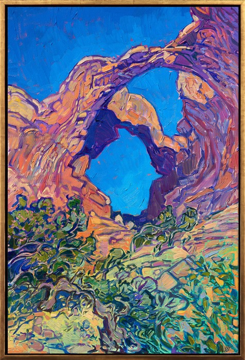 Arches National Park is one of my favorite national parks to paint. The clean, abstract rock formations make great painting compositions, and the buttery colors of sandstone rock allow me to use the full range of my palette from creamy yellow to butternut orange to vivid purple. This painting captures the famous double arches at Arches National Park.<br/><b>Note:<br/>"Double Arches" is available for pre-purchase and will be included in the <i><a href="https://www.erinhanson.com/Event/SearsArtMuseum" target="_blank">Erin Hanson: Landscapes of the West</a> </i>solo museum exhibition at the Sears Art Museum in St. George, Utah. This museum exhibition, located at the gateway to Zion National Park, will showcase Erin Hanson's largest collection of Western landscape paintings, including paintings of Zion, Bryce, Arches, Cedar Breaks, Arizona, and other Western inspirations. The show will be displayed from June 7 to August 23, 2024.</p><p>You may purchase this painting online, but the artwork will not ship after the exhibition closes on August 23, 2024.</b><br/><p>