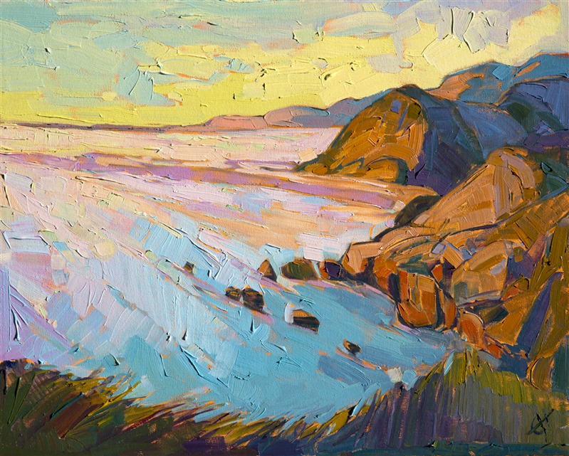 Sunset colors pop in this vibrant oil painting of the central California coast, near Big Sur. The brush strokes are loose and impressionistic, creating a mosaic of color and texture on the canvas.

This oil painting was created on 3/4" stretched canvas, and it arrives framed and ready to hang.