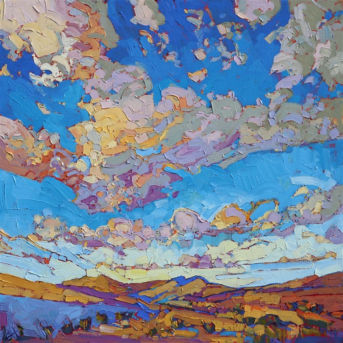 Driving north on the 15 highway, towards Nevada, takes you on a tour of California's stark open desert, distant buttes rising in the distance, and nothing but the wide open sky overhead. The brush strokes in this painting are loose and impressionistic, creating a mosaic of color and texture.