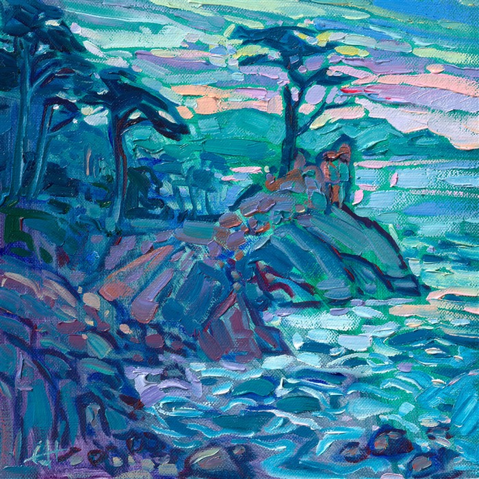 A petite work on linen board captures the beautiful colors of Lone Cypress at dusk. The Monterey cypress tree transports me right to windy beaches and foggy mornings in Carmel-by-the-Sea.</p><p>"Dusky Cypress" is an original oil painting on linen board, done in Erin Hanson's signature Open Impressionism style. The piece arrives framed in a wide, mock floater frame finished in black with gold edging.</p><p>This piece will be displayed in Erin Hanson's annual <i><a href="https://www.erinhanson.com/Event/petiteshow2023">Petite Show</i></a> in McMinnville, Oregon. This painting is available for purchase now, and the piece will ship after the show on November 11, 2023. 